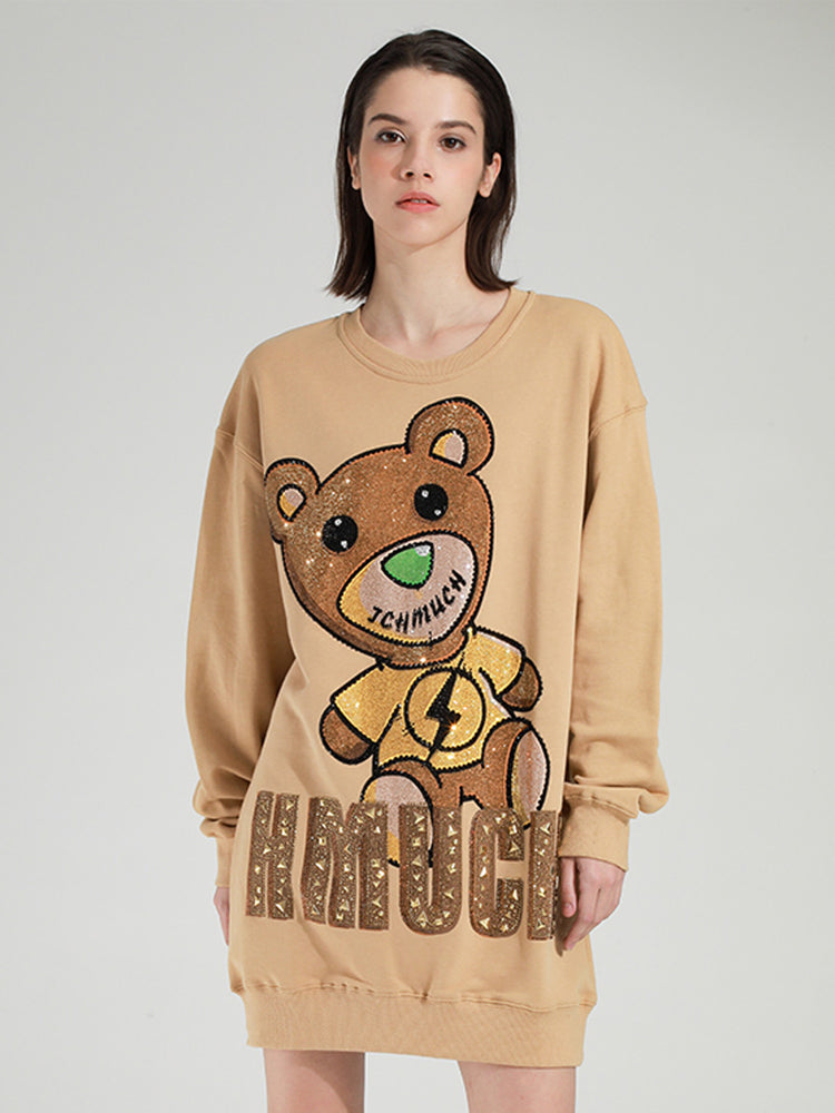 TCH Cute Bear Luxury Rhinestone Mid-Length Sweatshirt