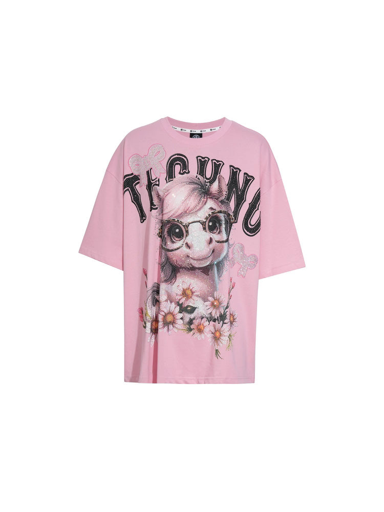 TCH Rhinestone Luxury Pony Pink Oversized Tee