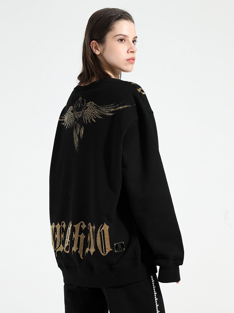 TCH Loose-Fit Rhinestone Embellished Crewneck Cotton Sweatshirt