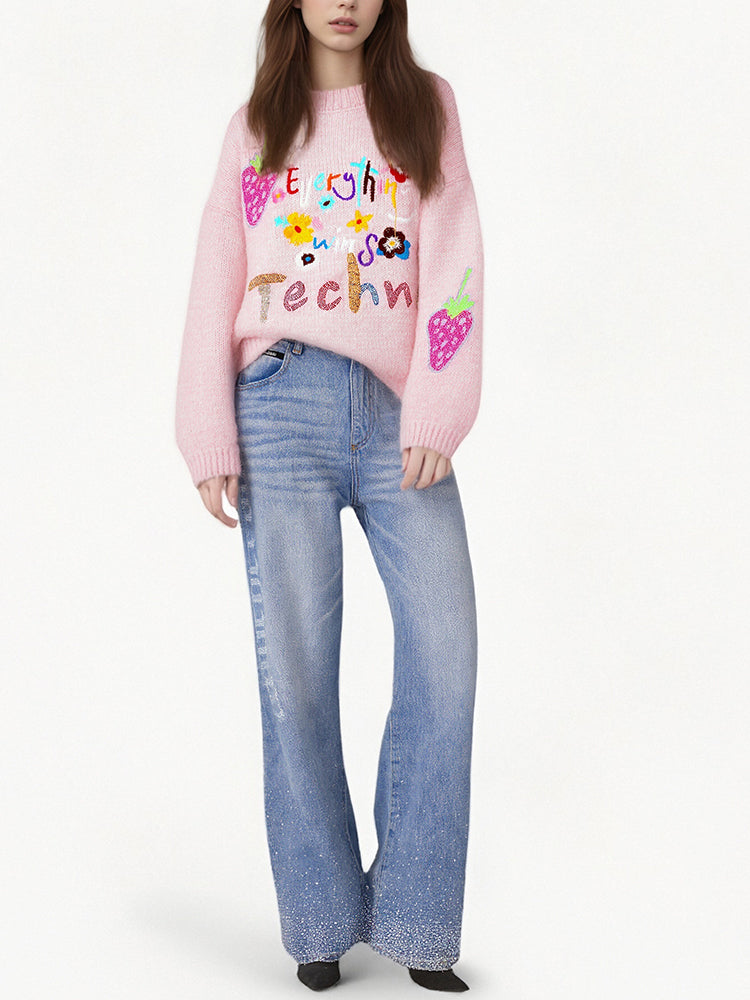 TCH Pink Rhinestone Knit Y2K Sweatshirt