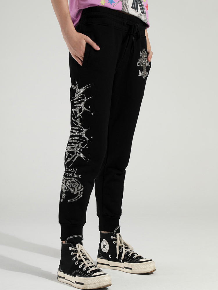 TCH Black Rhinestone Lettering Matching Track Pants