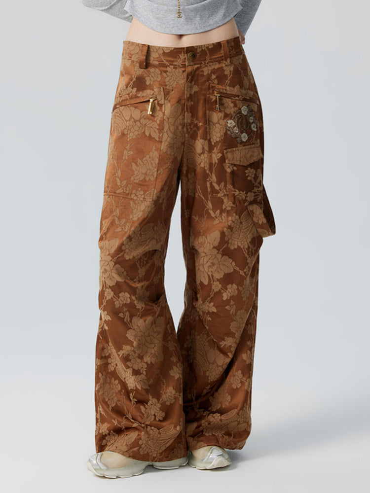 TCH Rhinestone Jacquard Straight Wide Leg Cargo Pants