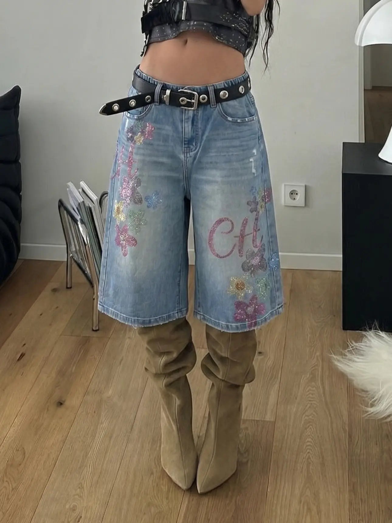 TCH Rhinestone Floral Logo Wide-Leg Denim Shorts