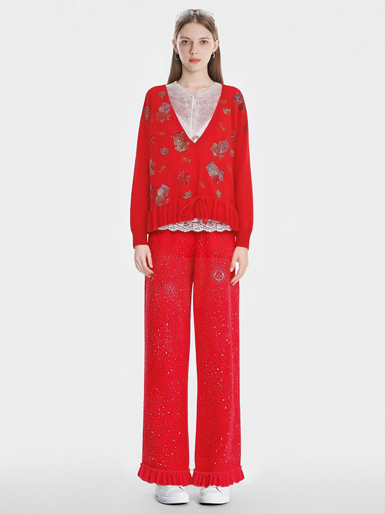 TCH Rhinestone Galaxy Velvet Straight-Leg Pants