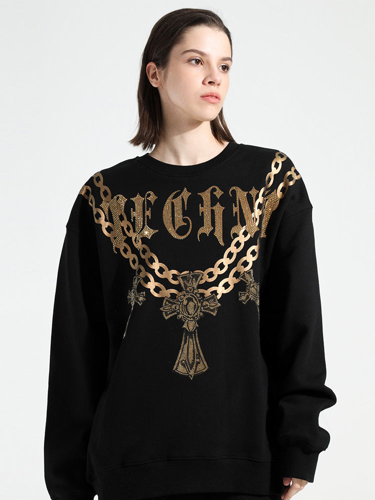 TCH Loose-Fit Rhinestone Embellished Crewneck Cotton Sweatshirt