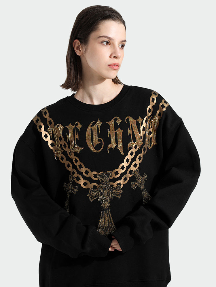 TCH Loose-Fit Rhinestone Embellished Crewneck Cotton Sweatshirt