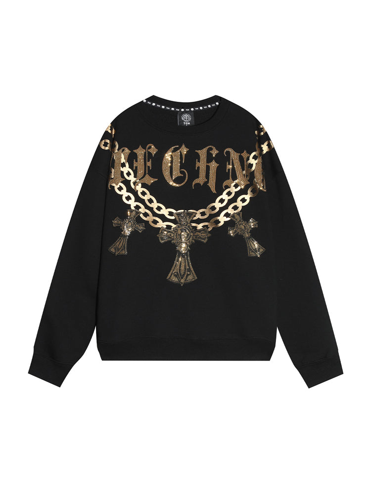 TCH Loose-Fit Rhinestone Embellished Crewneck Cotton Sweatshirt