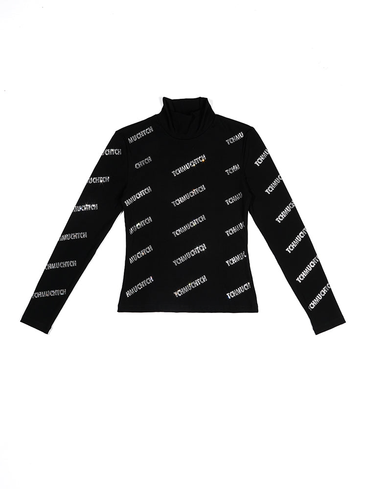 TCH Letter Rhinestone High Neck Long Sleeve Top