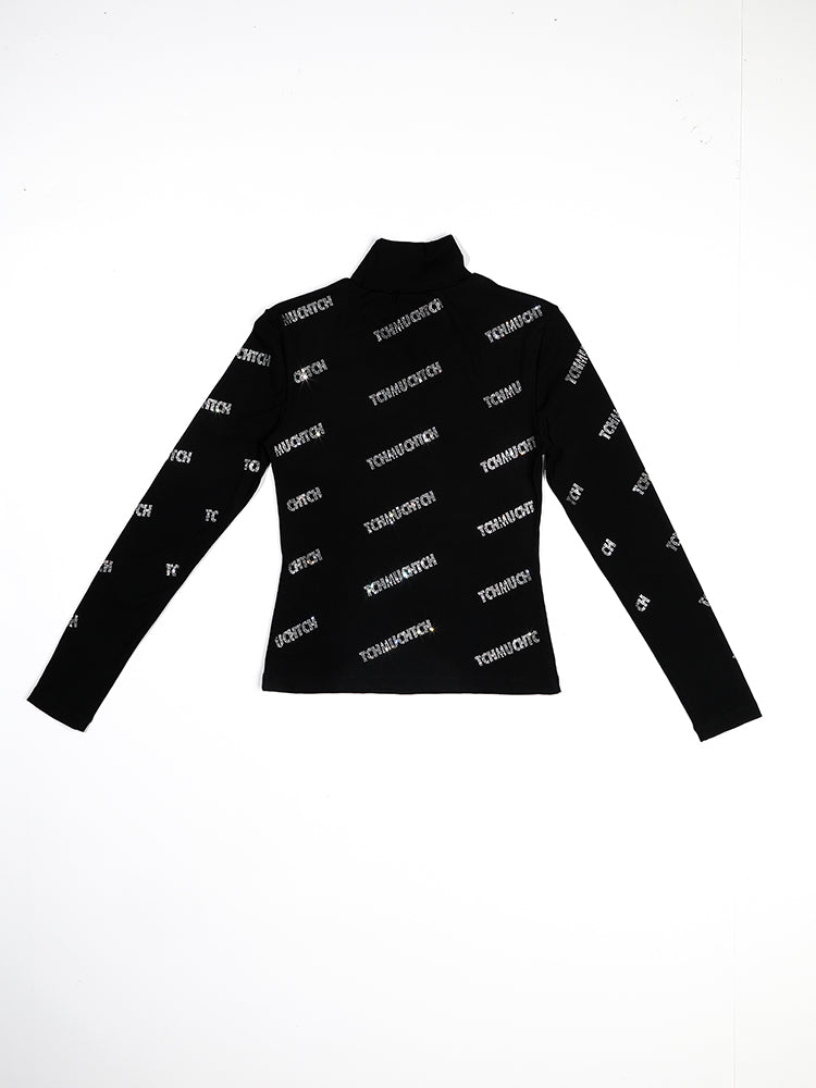 TCH Letter Rhinestone High Neck Long Sleeve Top
