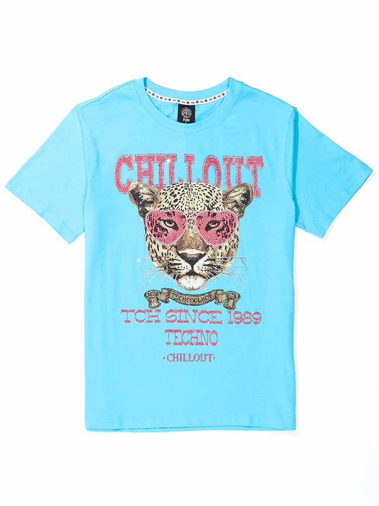 TCH Letter Cheetah Rhinestone Short Sleeve T-shirt