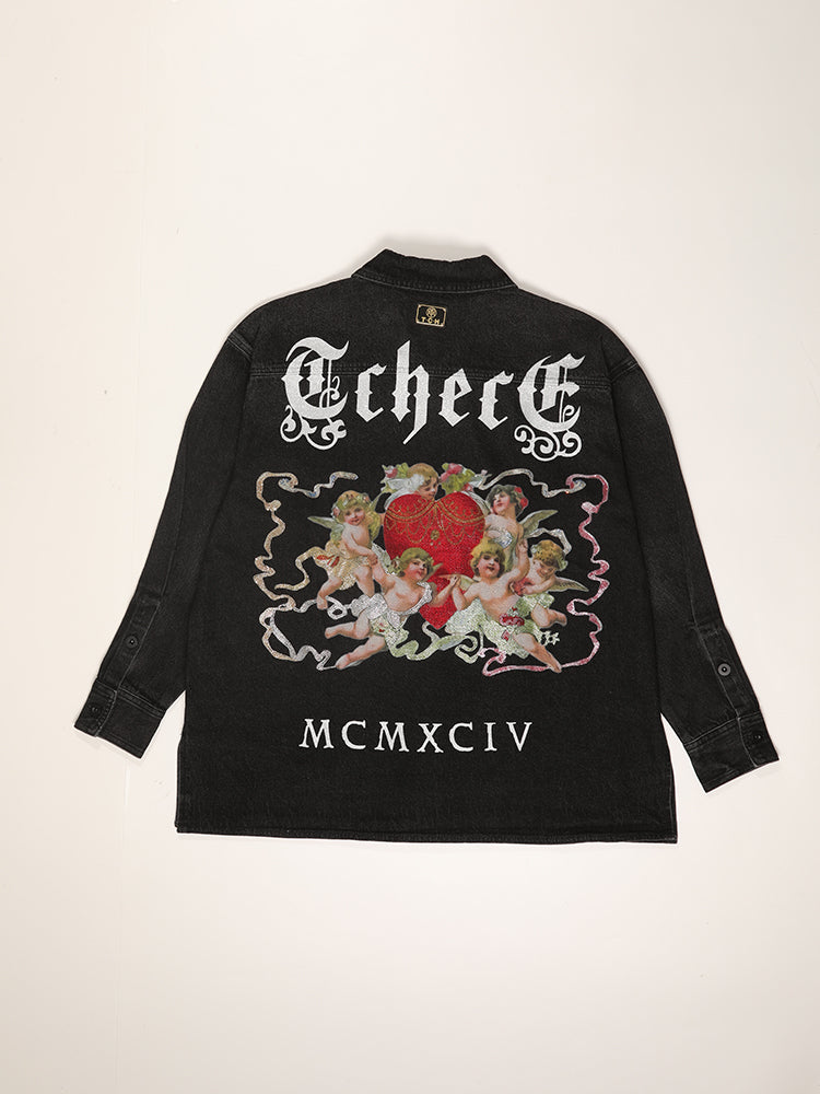 TCH Rhinestones Print Long Sleeve Denim Shirt