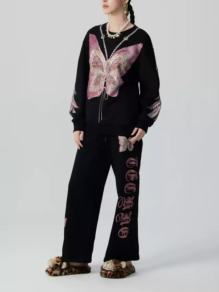 TCH Pink Rhinestone Butterfly Wing Sleeve Sweatshirt