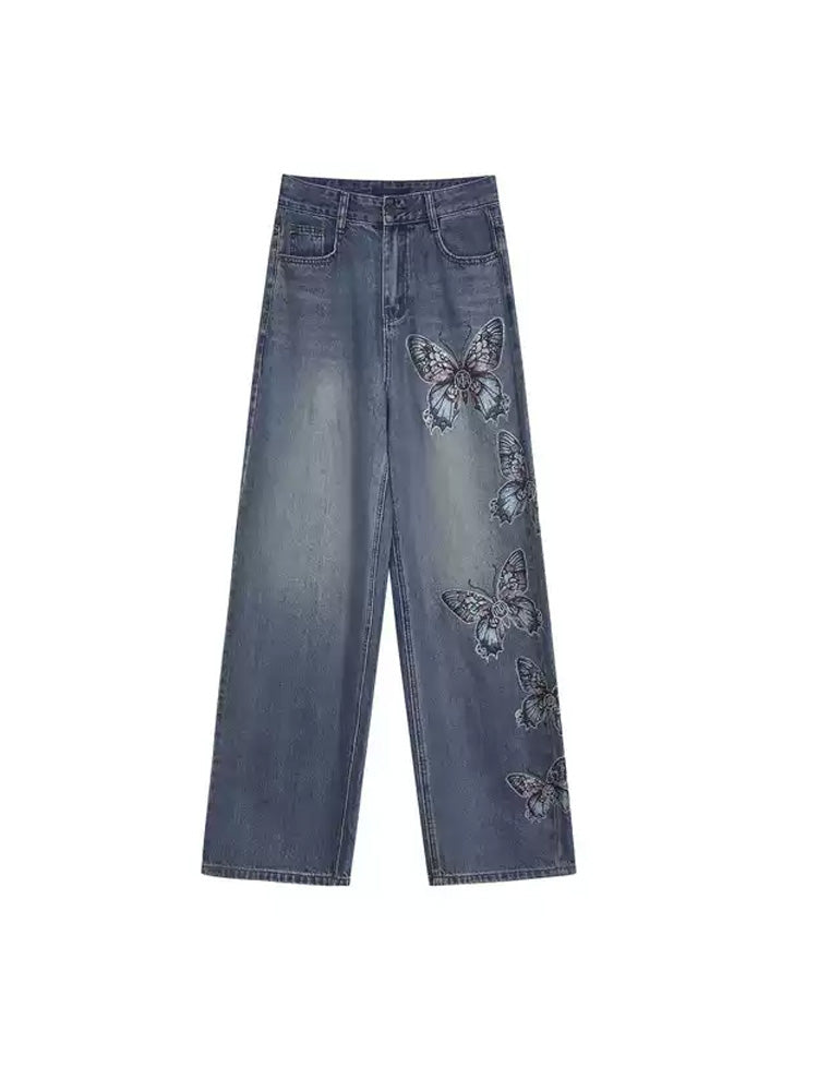 TCH Crystal Embroidered Butterfly Wide Leg Jeans