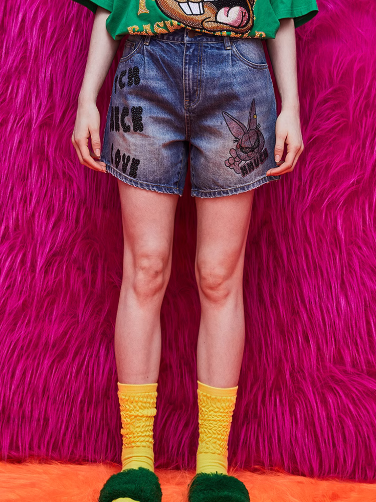 TCH Rhinestone Graphic Funny Denim Shorts