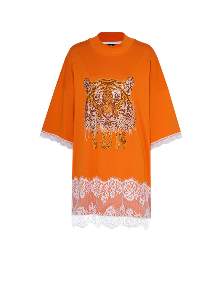 TCH Presale Tiger Rhinestone Contrast Lace T Shirt Dress