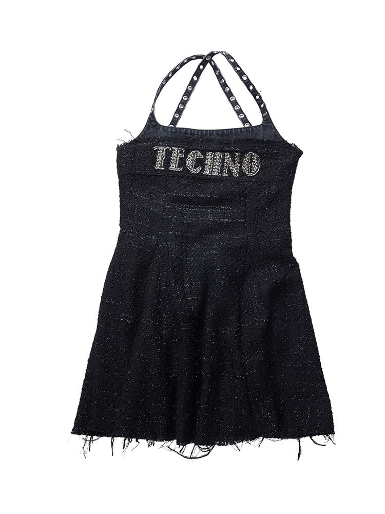 TCH Logo Print Rhinestone Sleeveless Mini Dress