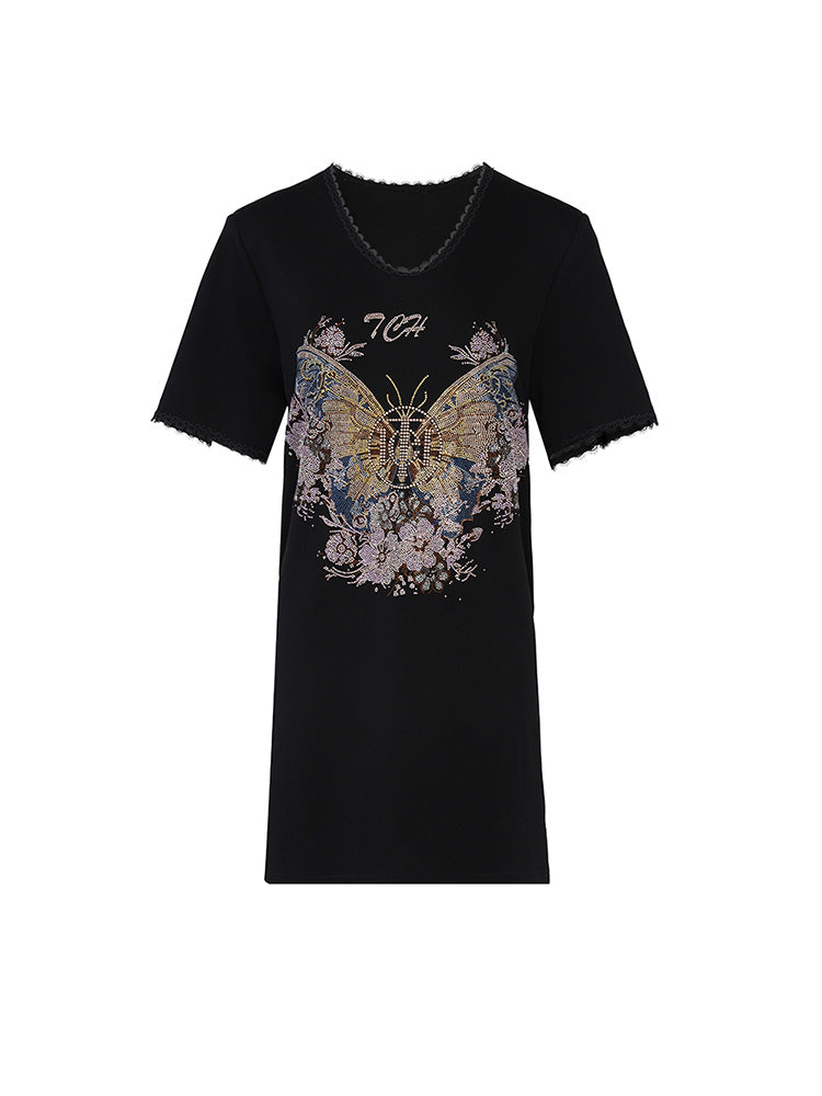 TCH Butterfly Rhinestone Lace Neck Midi Dress