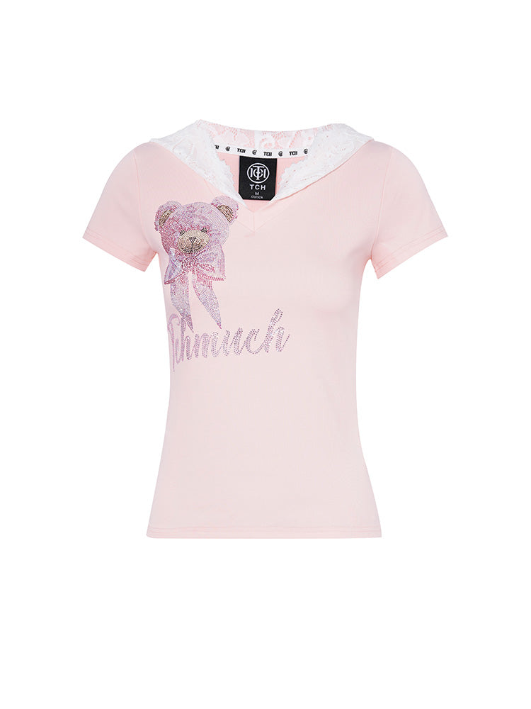 TCH Bear Rhinestone Graphic T-shirt with Lace