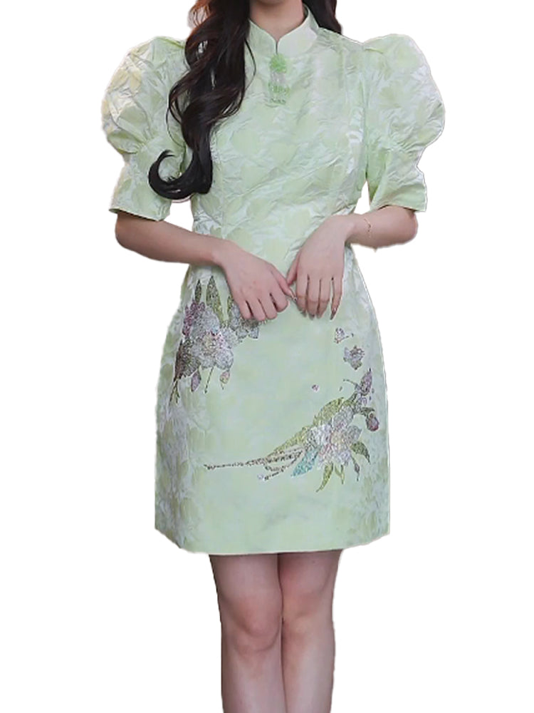 TCH Floral Print Rhinestone Puff Sleeve Mini Dress