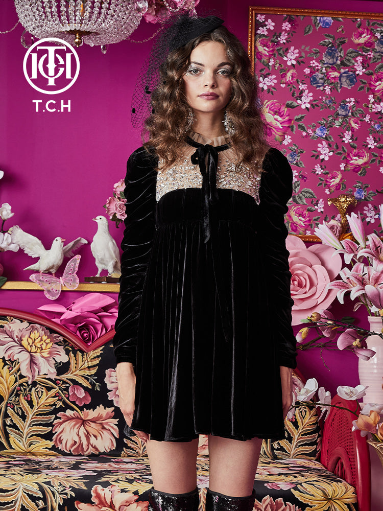 TCH Velvet Mesh Diamond Vintage Mini Dress