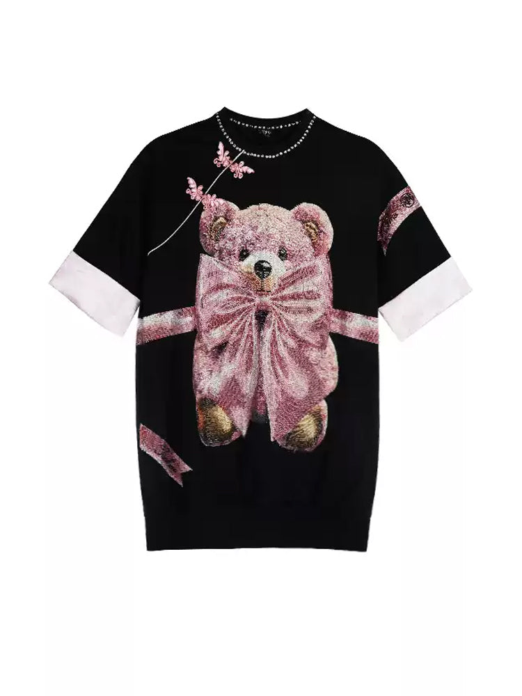 TCH Teddy Bear Shiny Rhinestone Bow T-shirt Dresses