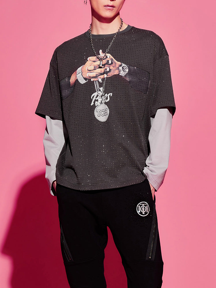 TCH Rhinestone Layered Printed Cotton T-shirt