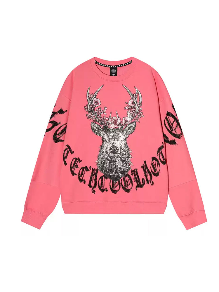 TCH Deer Letter Rhinestones Cotton Sweatshirt