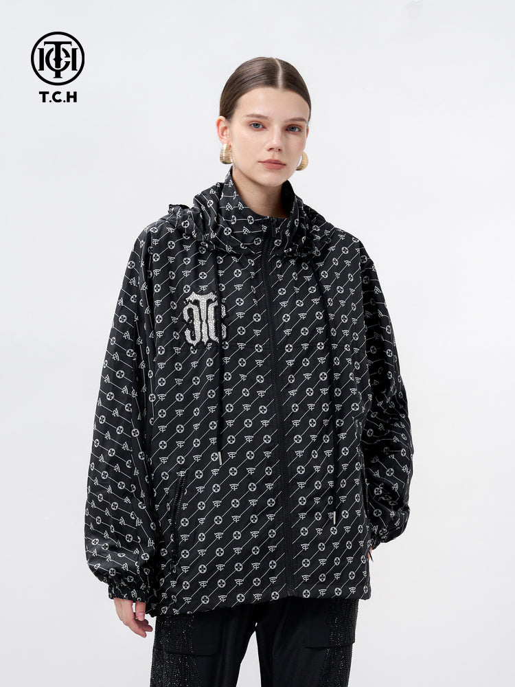 TCH Rhinestone Old Flower Down Jackets Unisex Black