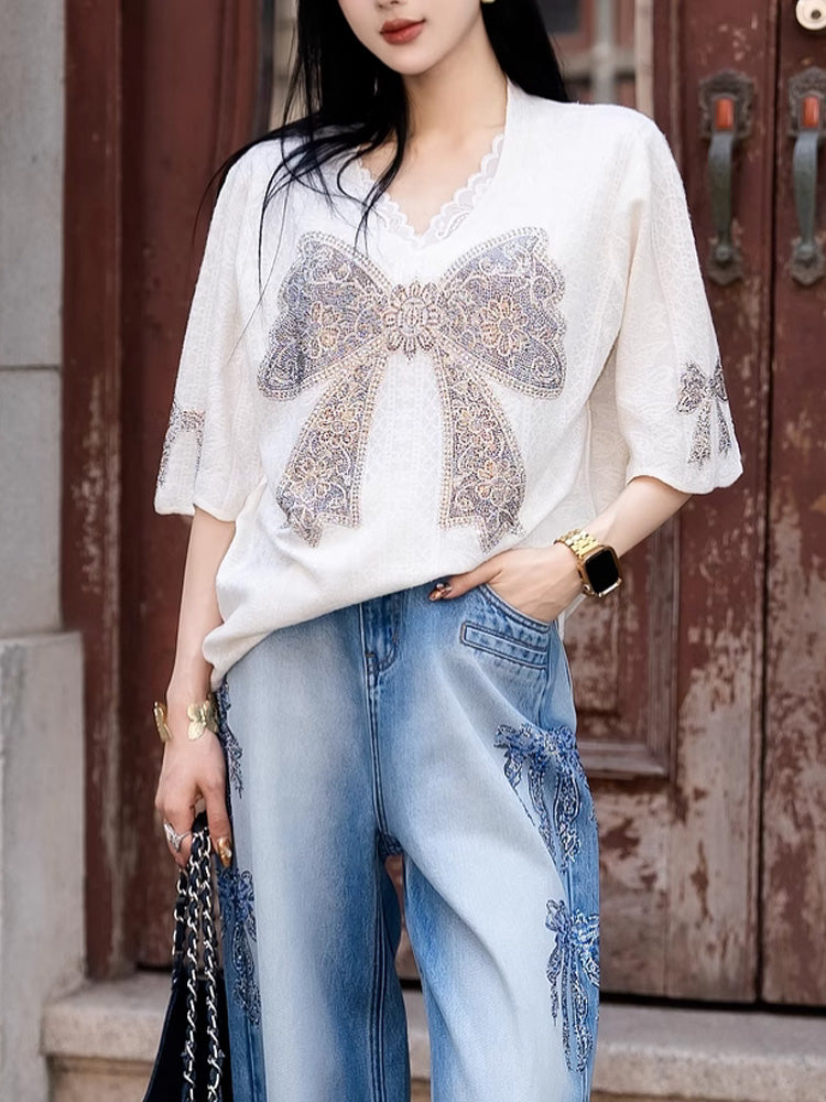 TCH Prasale Graphic Bow Rhinestone Lace T-Shirt