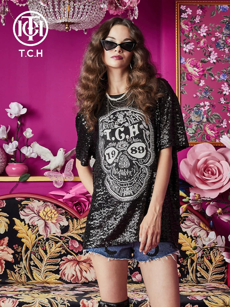 TCH Skull Print Rhinestone Streetwear T-shirt with Sequins