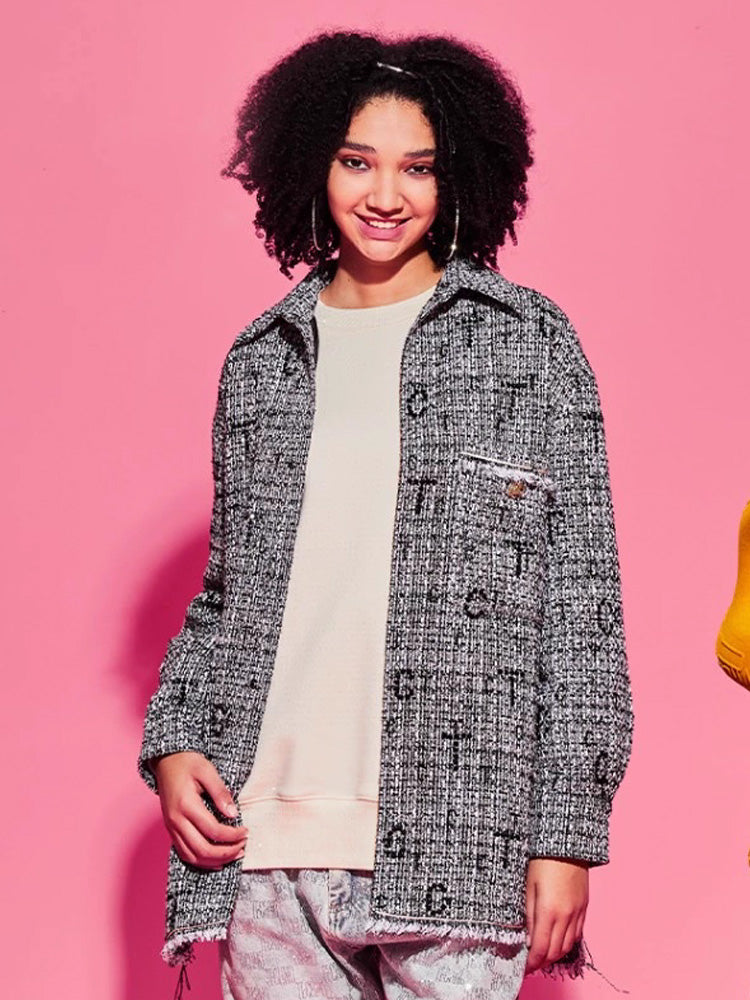 TCH Rhinestone Logo Print Tweed Overshirt Jacket