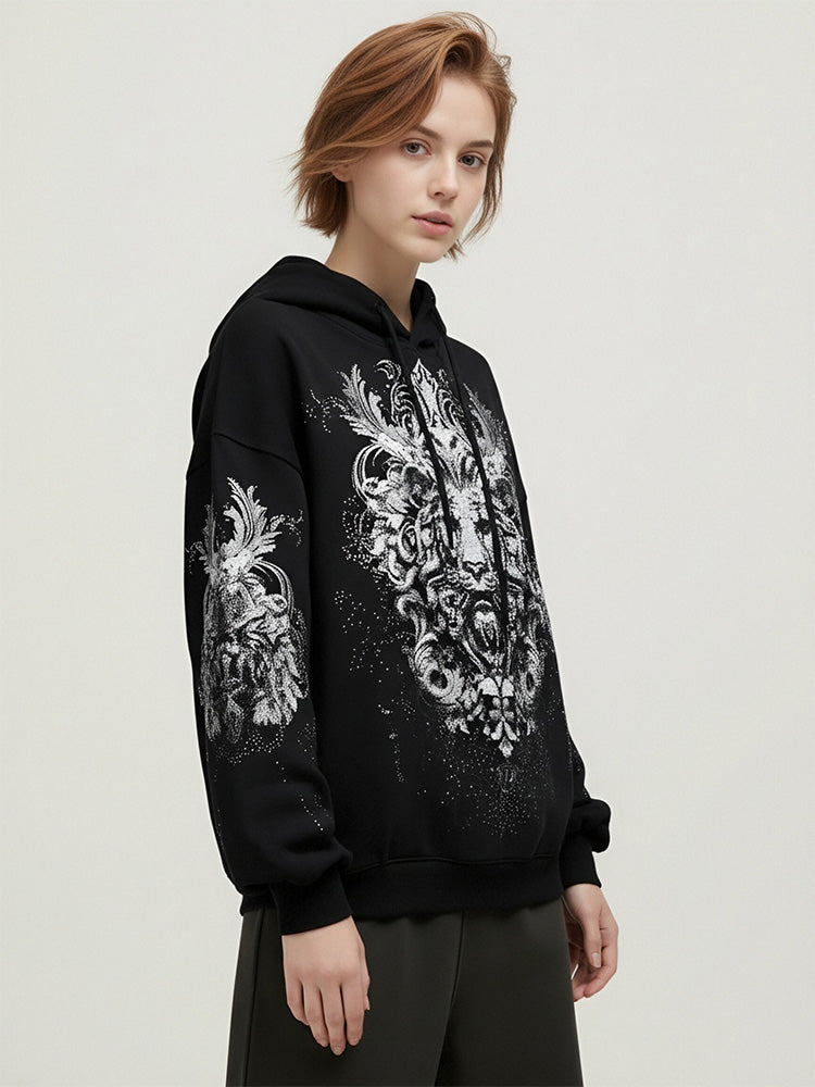 TCH 2026 Oversized Lion Rhinestone Black Hoodie