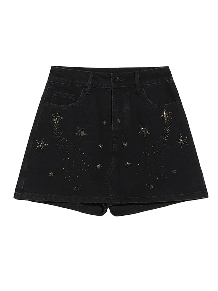 TCH Rhinestone Star Print Denim Mini Shorts