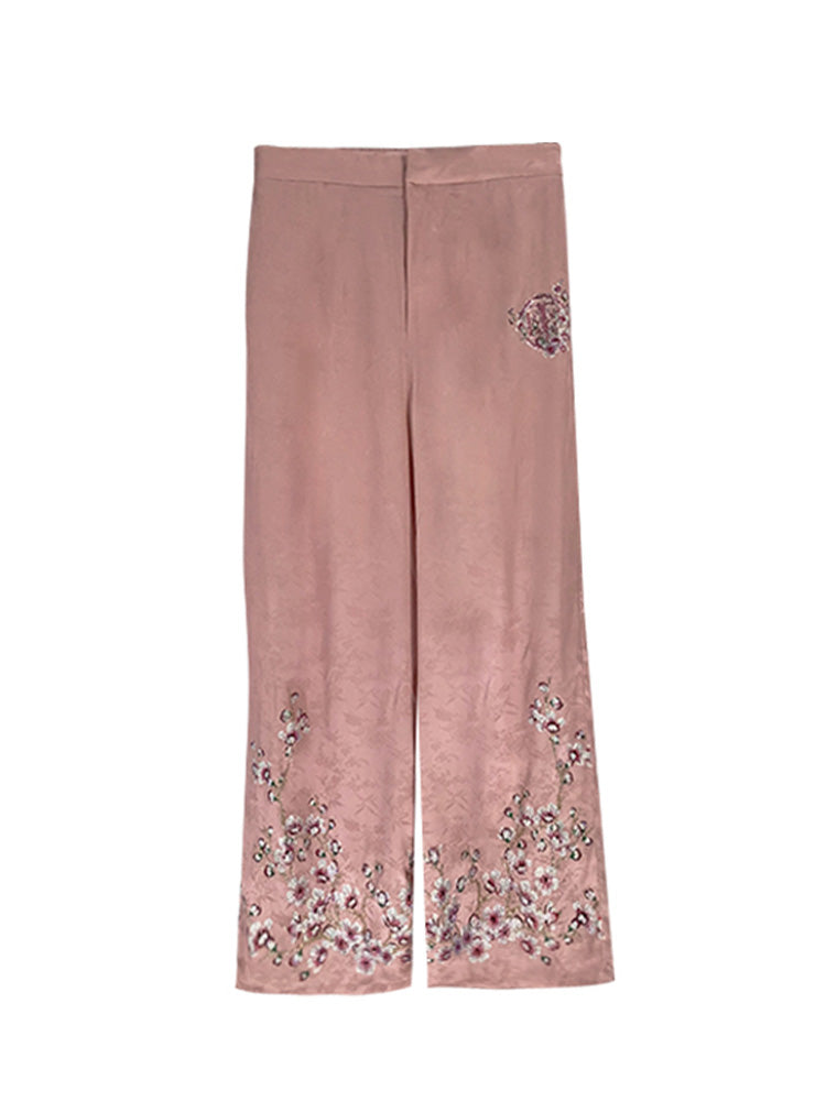 TCH Jacquard Flower  Rhinestone Wide Leg Long Pants