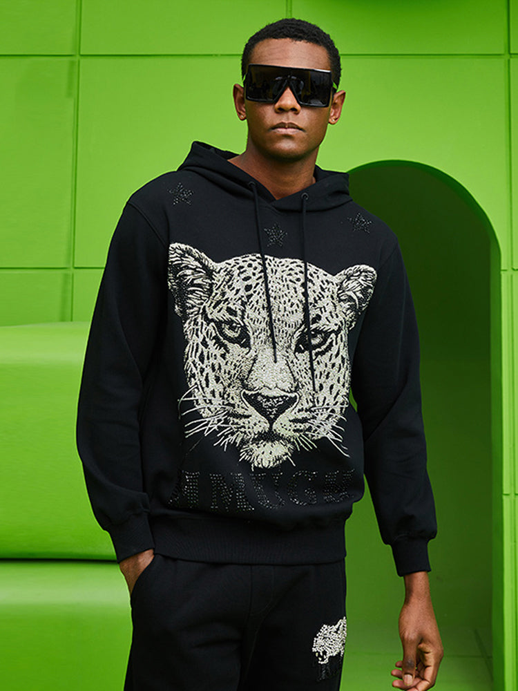 TCH Leopard Print Rhinestone Black Hoodie