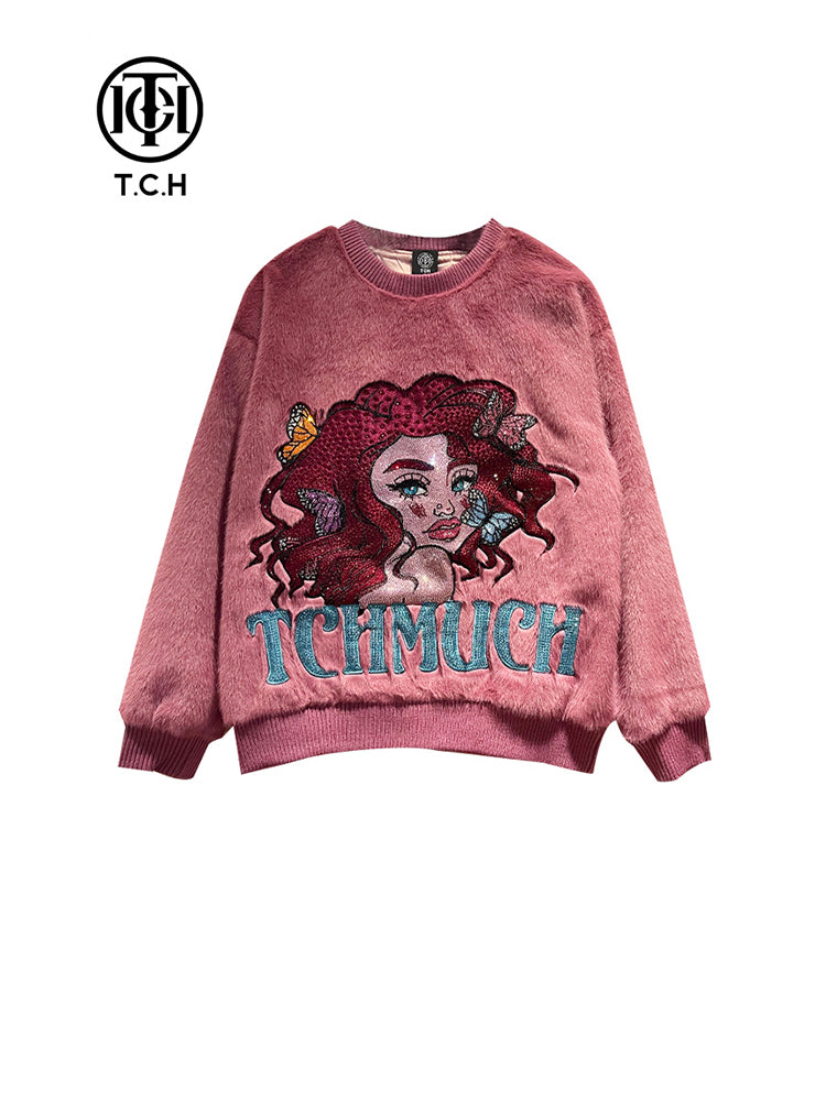 TCH Rhinestone Graphic Oversized Sherpa Pullover Sweatshirt