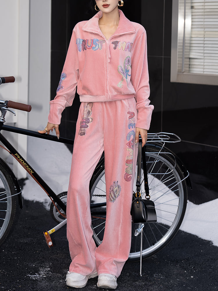 TCH Graphic Rhinestone Velvet 2 Piece Outfits Pink