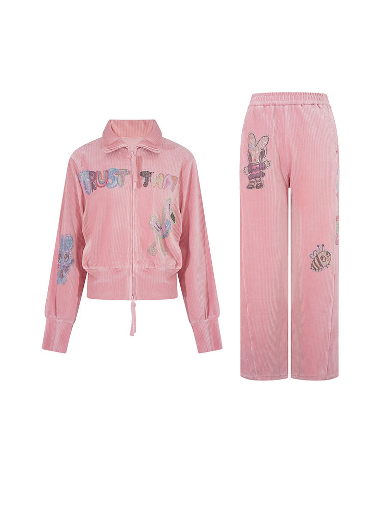 TCH Graphic Rhinestone Velvet 2 Piece Outfits Pink