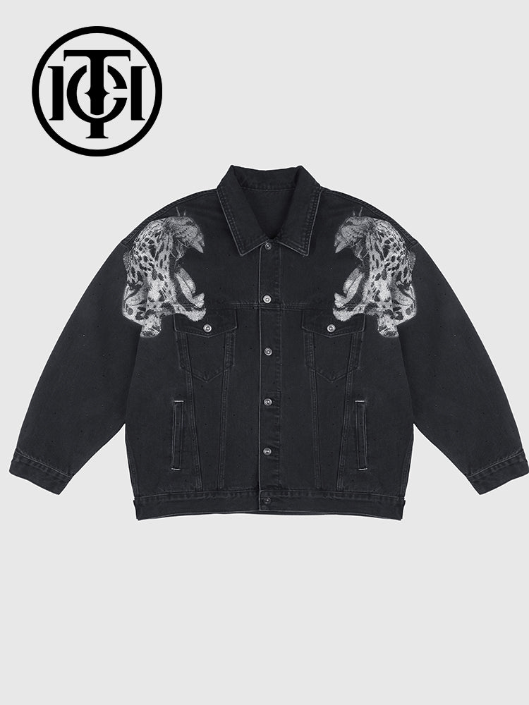 TCH Washed Rhinestone Leopard Denim Jacket