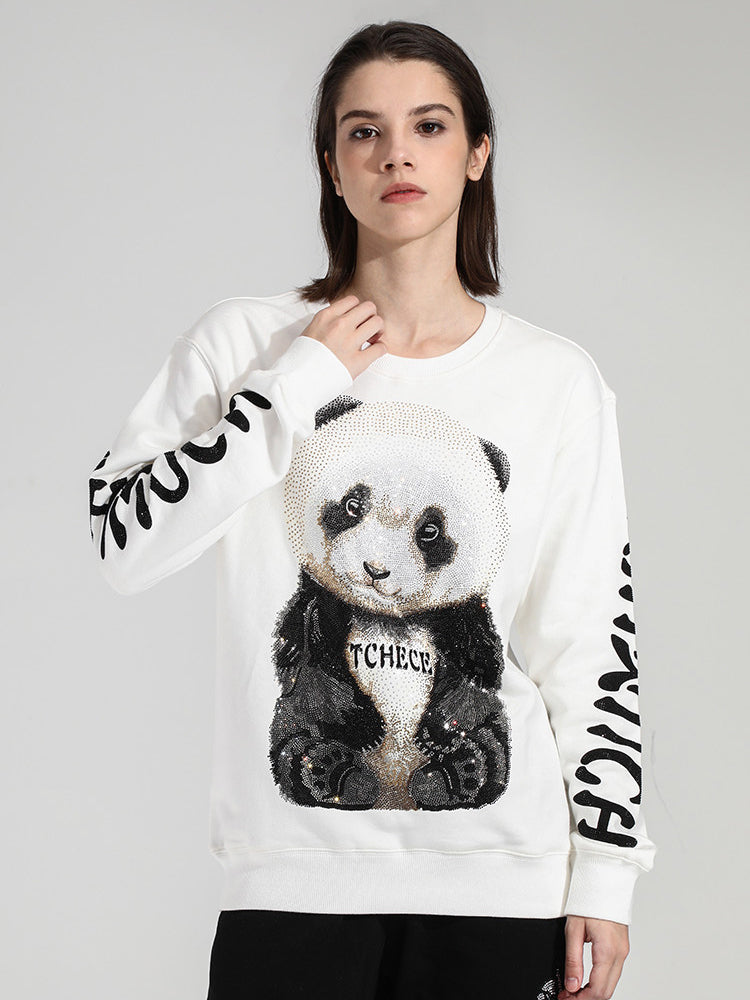 TCH Women's Rhinestone Panda White Sweatshirt