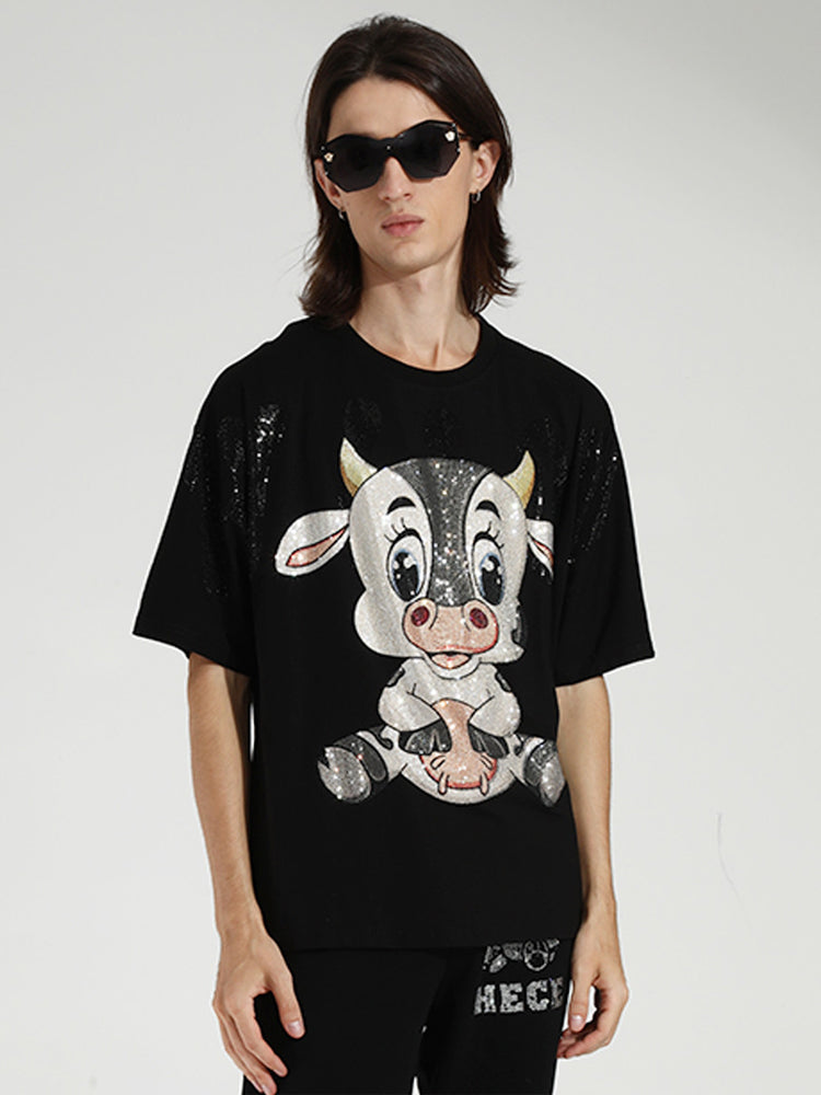 TCH Cute Cow Rhinestone Short Sleeve Unisex Top