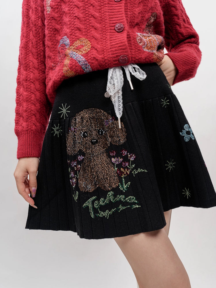 TCH Teddy Bear Rhinestone Flared Mini Skirt Black