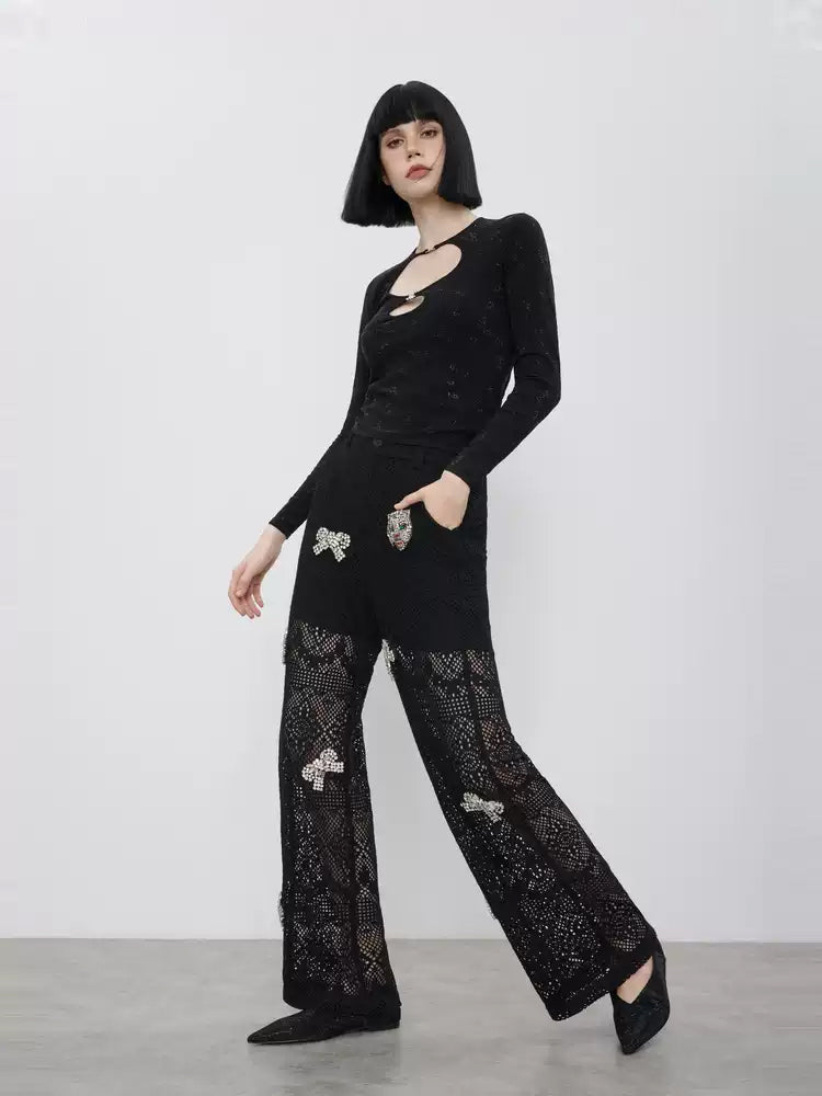 TCH Bow Rhinestone Lace High Waist Trousers