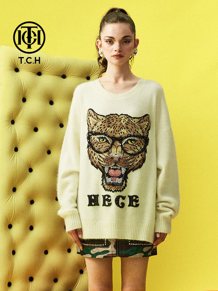 TCH Leopard Rhinestone Knit Sweater