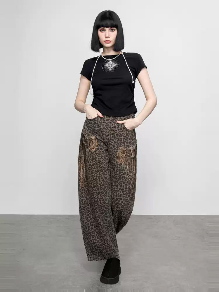 TCH Rhinestone Leopard Print High Waist Wide Leg Jeans