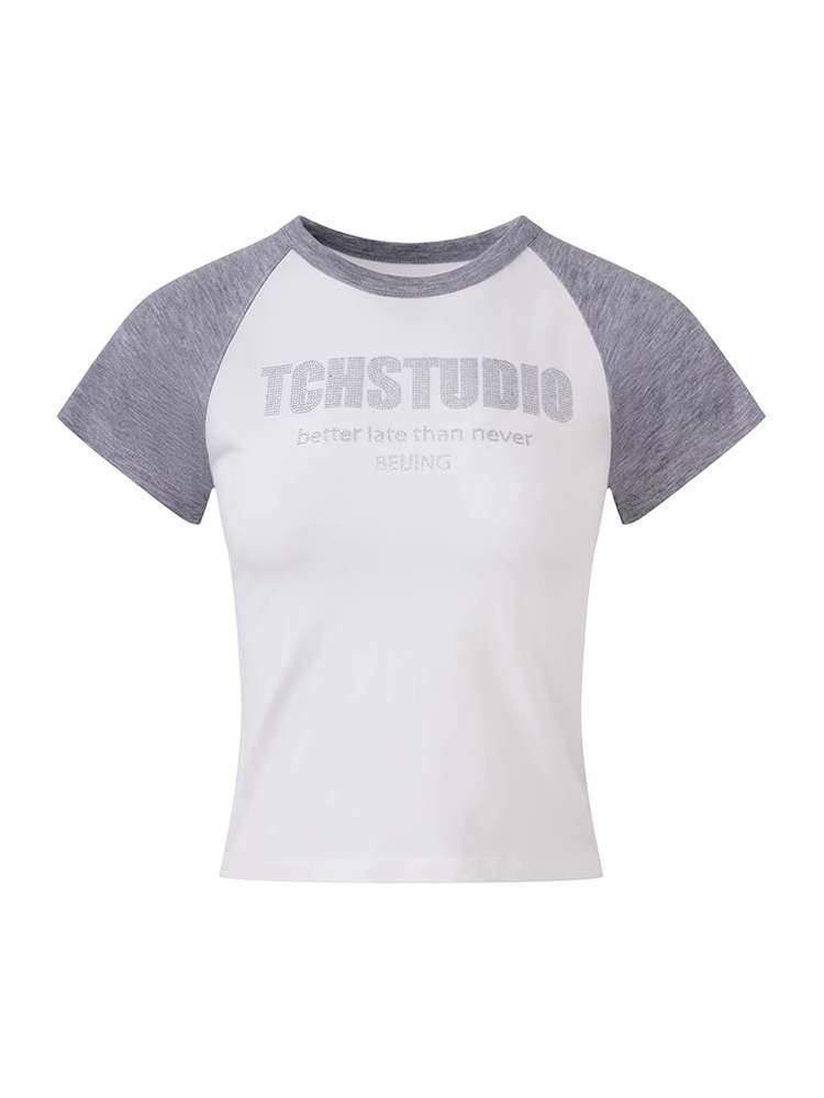 TCH Rhinestone Letter Contrast Raglan Sleeve Tee