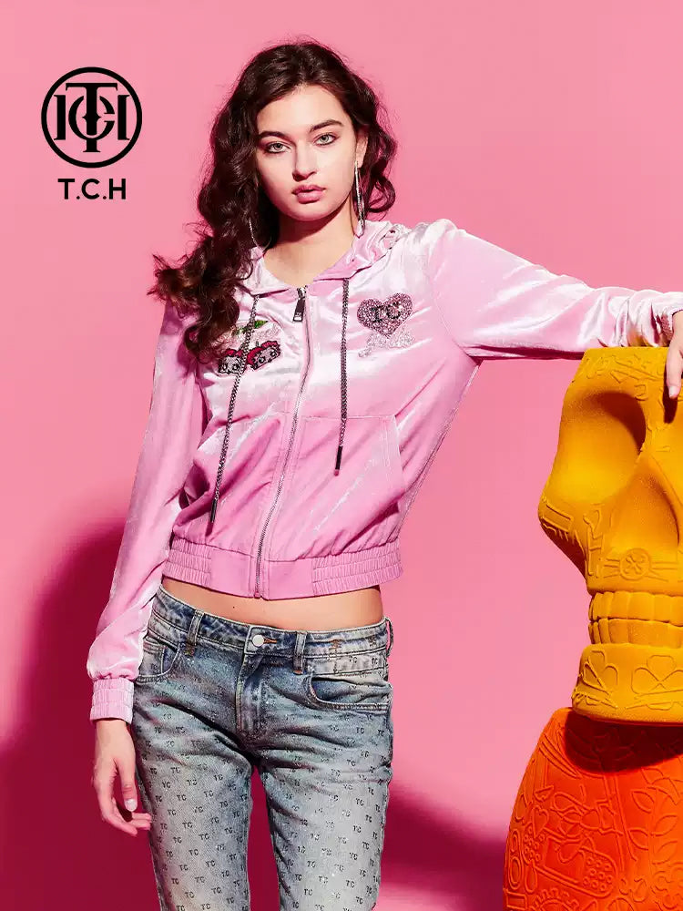 TCH Rhinestone Graphic Velour Hoodie Jacket