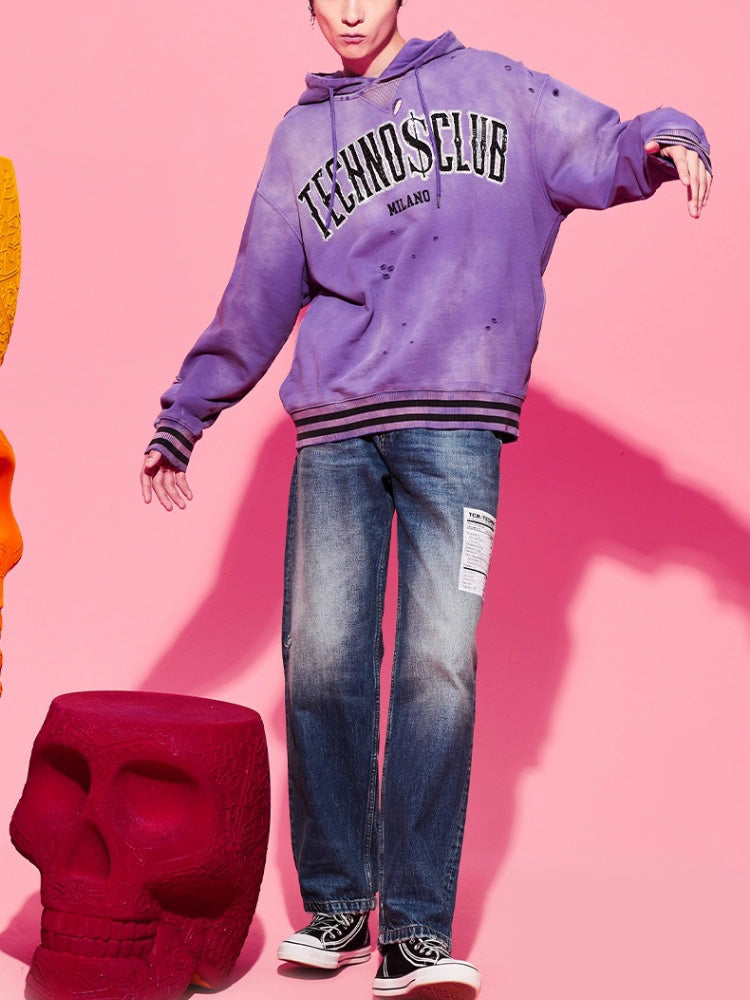 TCH Rhinestone Letter Print Destroyed Hoodie