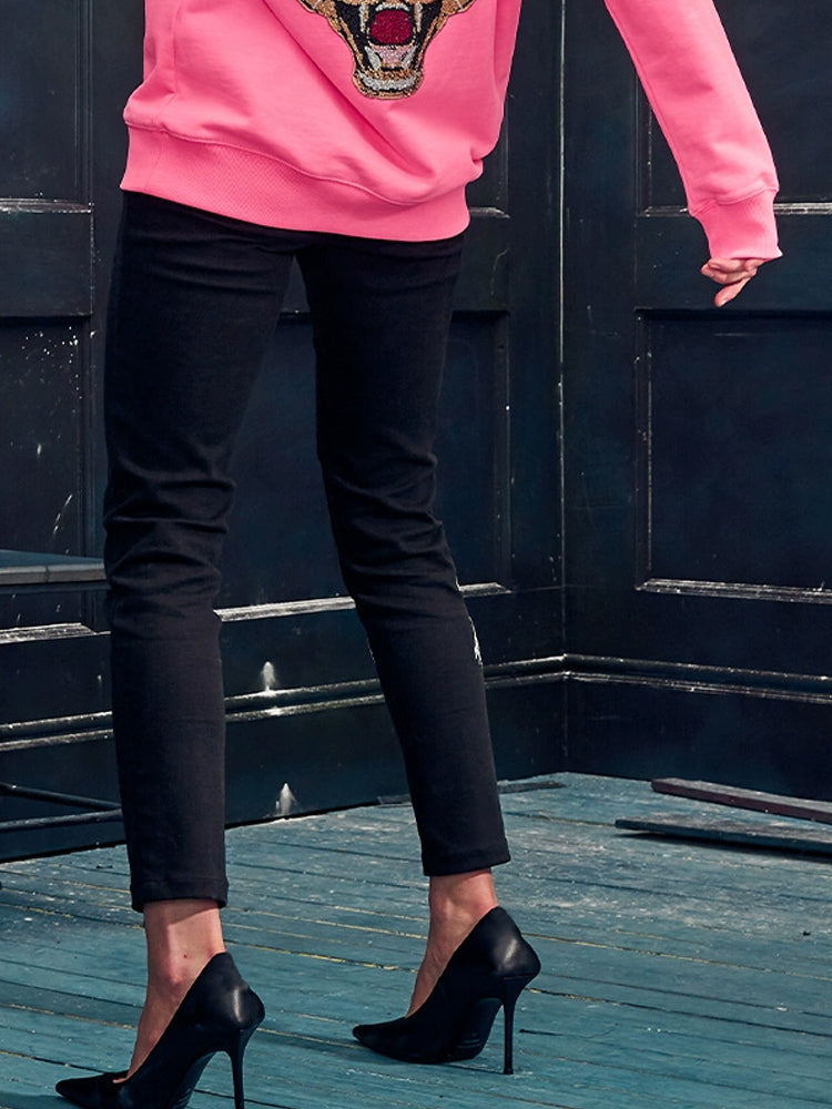TCH Rhinestone Letter Embellished Denim Pants