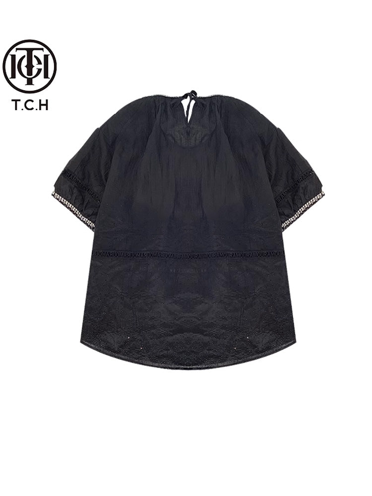 TCH Rhinestone Retro Mesh Black Blouse